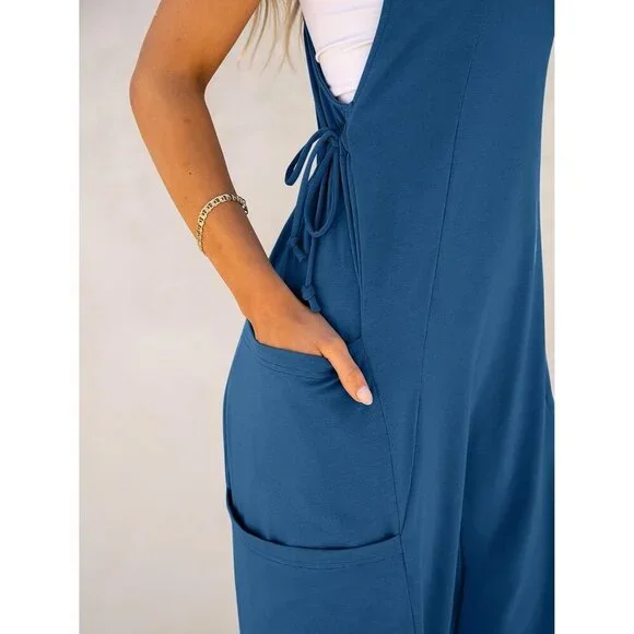 Women Deep Blue Overall Jumpsuit Loose Casual Dressy Sleeveless Baggy Romper - Picture 6 of 6